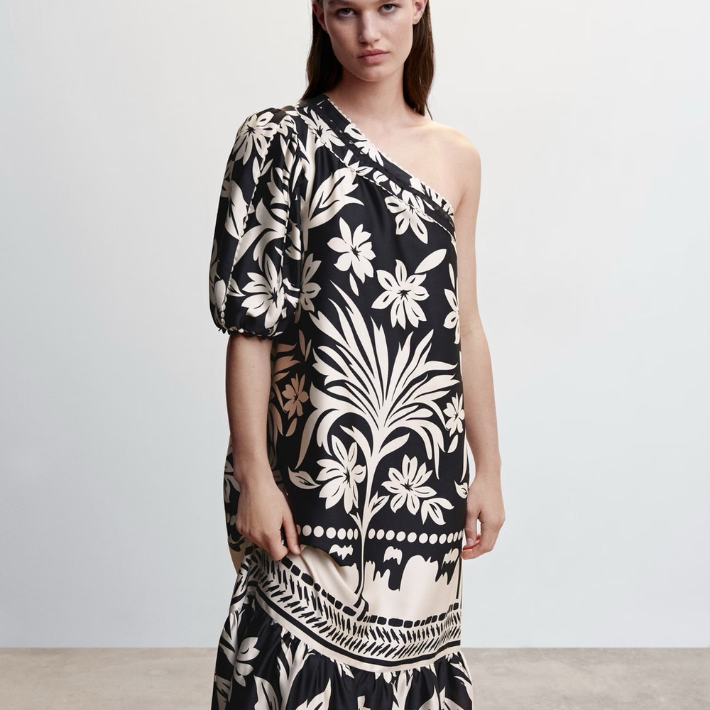 MANGO - One-Shoulder Black and Cream Floral Dress
